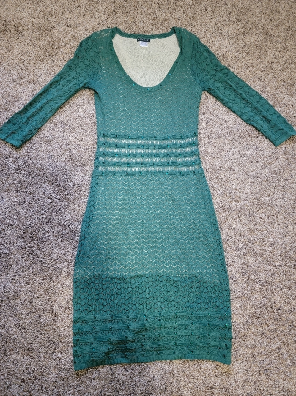 VENUS Green 3/4 Sleeve Beaded Bodycon Dress